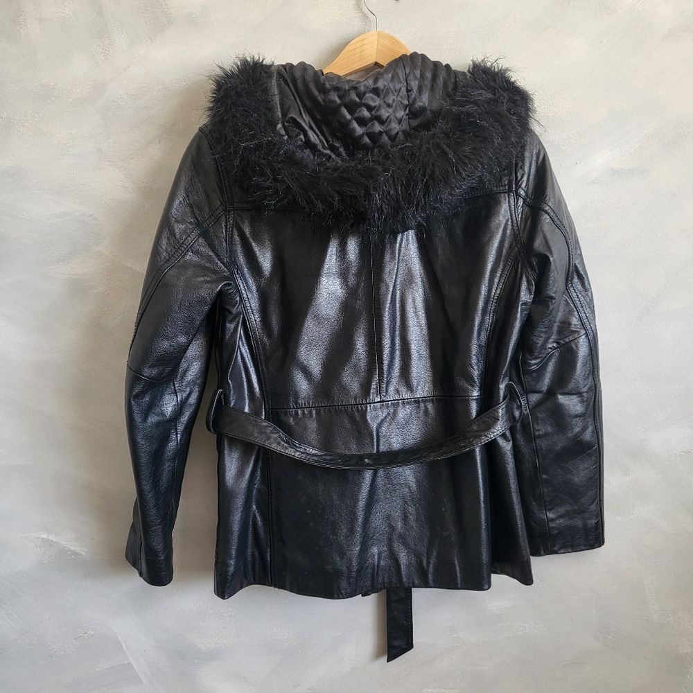 Wilsons Maxima Leather Jacket Coat Faux Fur Hooded Black Belted Size M Women Y2K